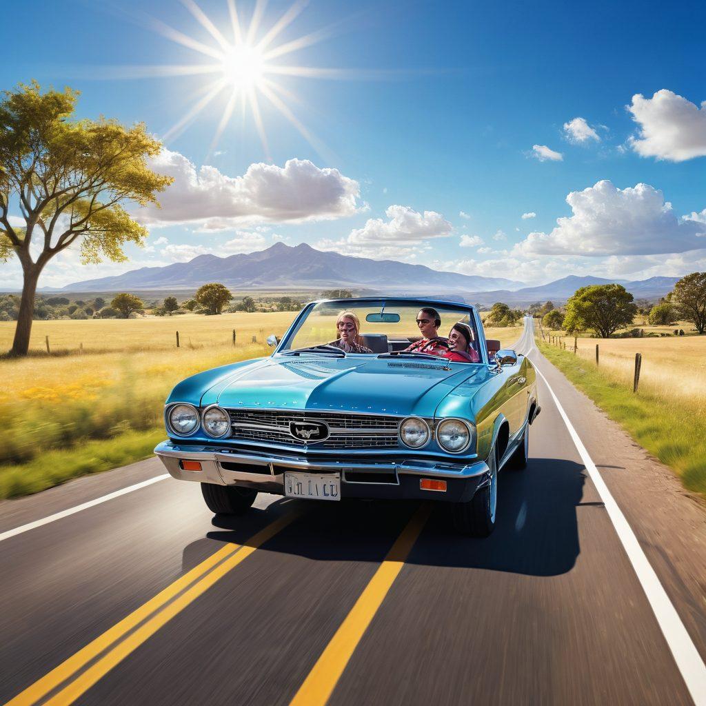 A serene and inviting scene depicting a family happily driving their car under a sunny sky, surrounded by symbolic elements of savings like dollar signs and insurance documents subtly integrated into the landscape. The car gleams with a sense of comfort and assurance, while an open road stretches ahead, symbolizing freedom and choice. Include a sense of affordability with tags or icons representing discounts and smart budgeting. vibrant colors. super-realistic.