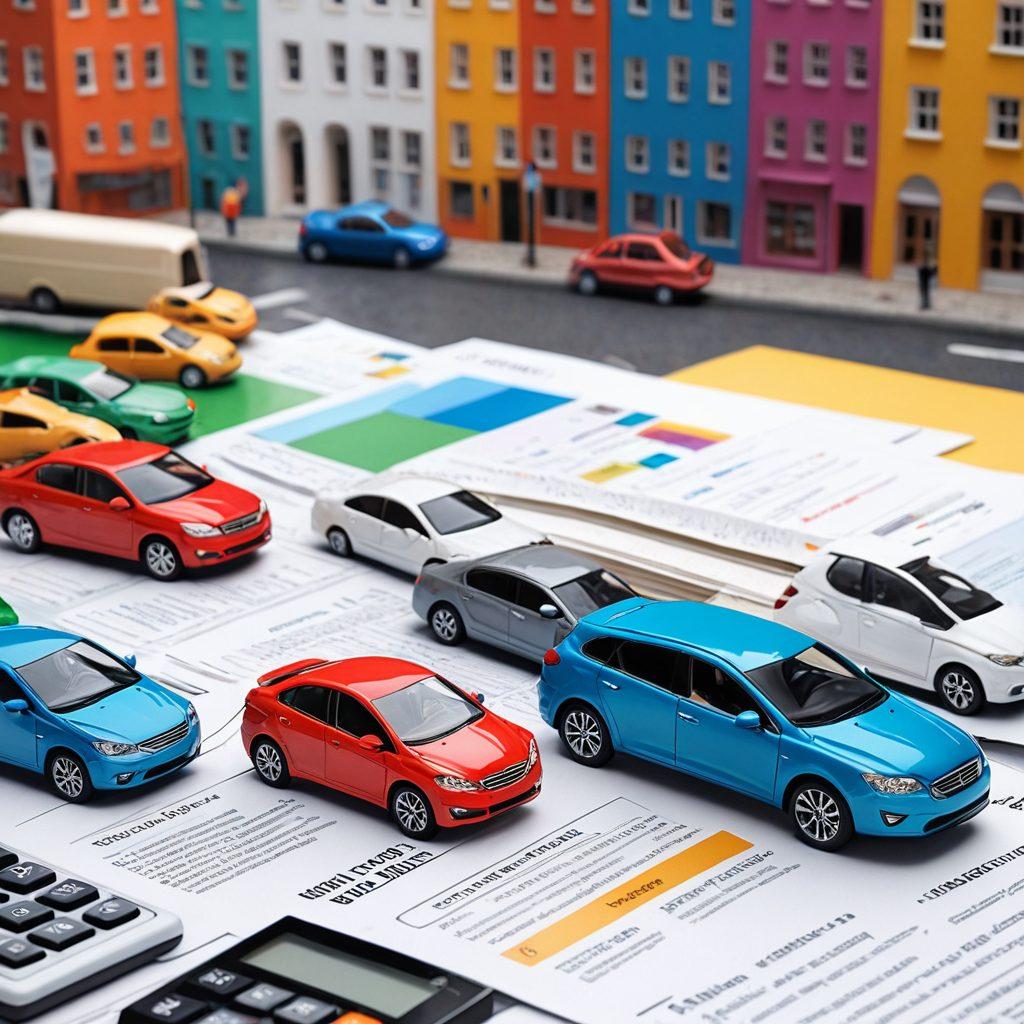 A visually engaging collage of various car insurance policy documents and calculators, surrounded by affordable car models in a vibrant city setting. Include icons representing savings, security, and comparison charts to emphasize the guide's purpose. Use bright colors to create an inviting and informative atmosphere. super-realistic. vibrant colors. 3D.