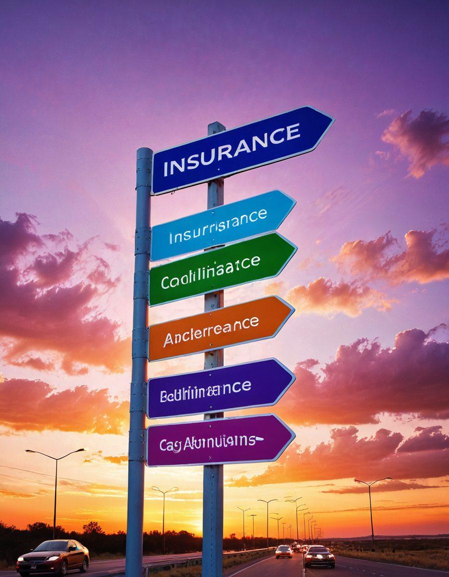 A road signpost with various directional arrows labeled with types of auto insurance like 'Liability', 'Comprehensive', and 'Collision', set against a vibrant sunset background. Include a car in the foreground with a calculator and savings jars, symbolizing cost savings. Bright colors to emphasize the theme of navigating and savings. super-realistic. vibrant colors. sunset background.